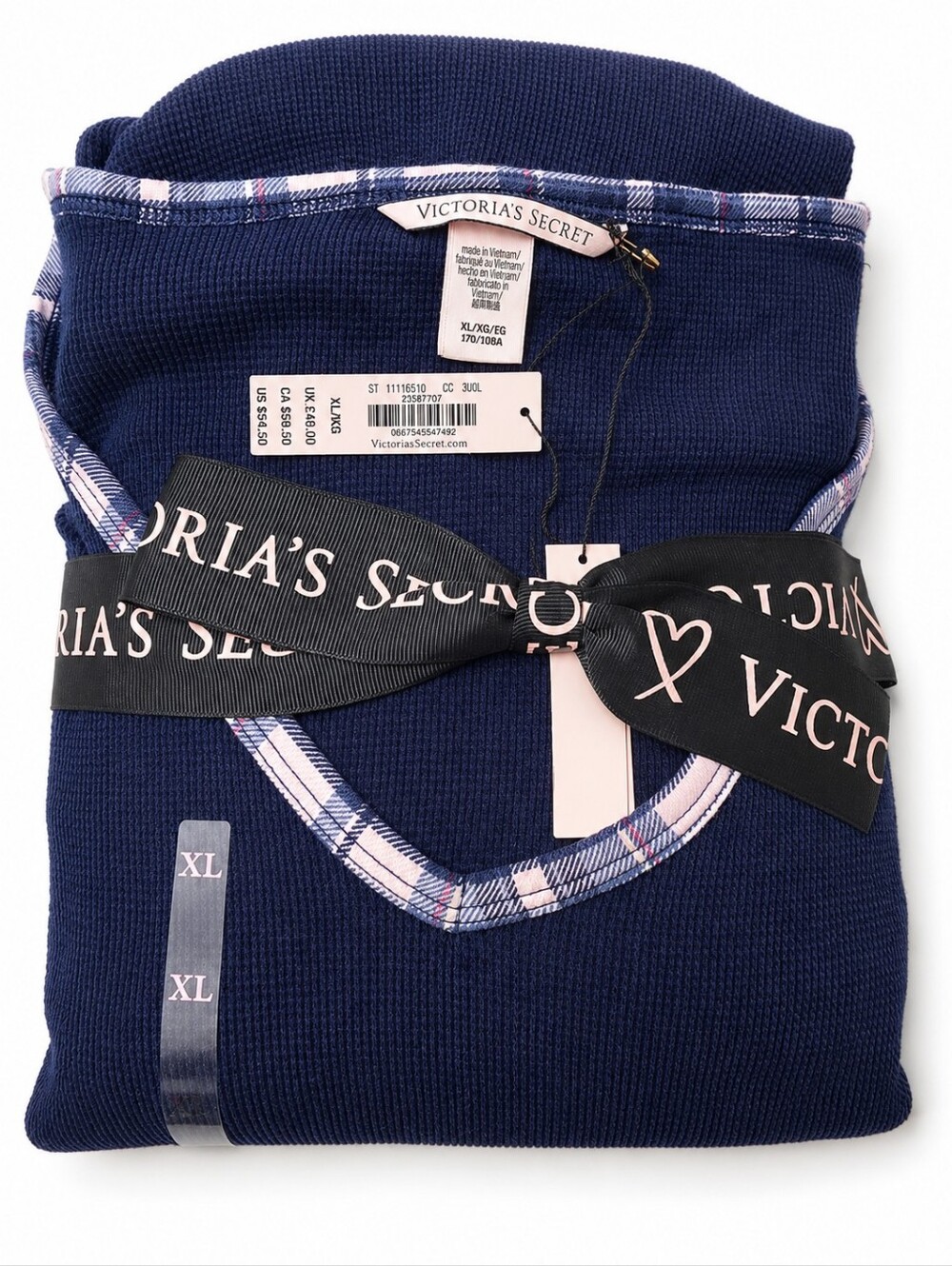 Victoria's Secret Navy Ribbed Sleep Set with Pink & White Plaid Trim